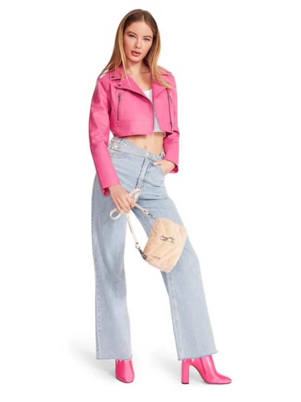 Women's Pink Cropped Steve Madden Moto Jacket Barbiecore PU